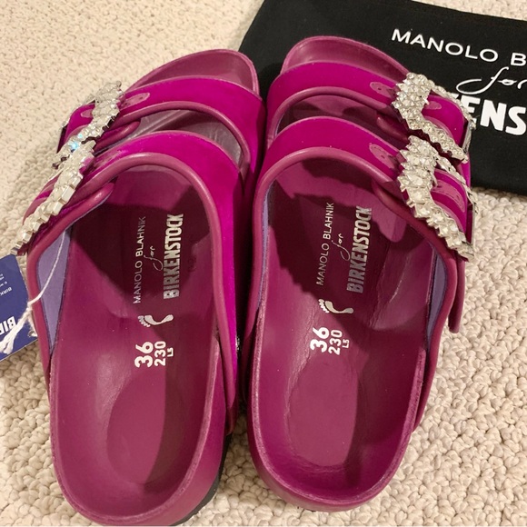 Fuchsia Pink Purple Arizona Crystal Buckle Velvet 2-Band Sandals - Picture 7 of 13